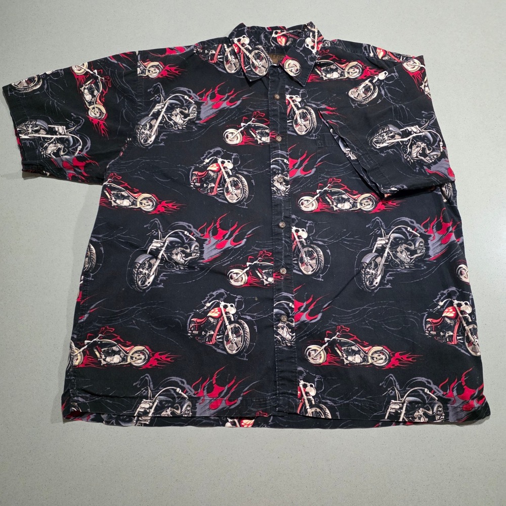 Bluff Creek Outfitters Mens XL Motorcycle Flame Print Button Down Shirt Black